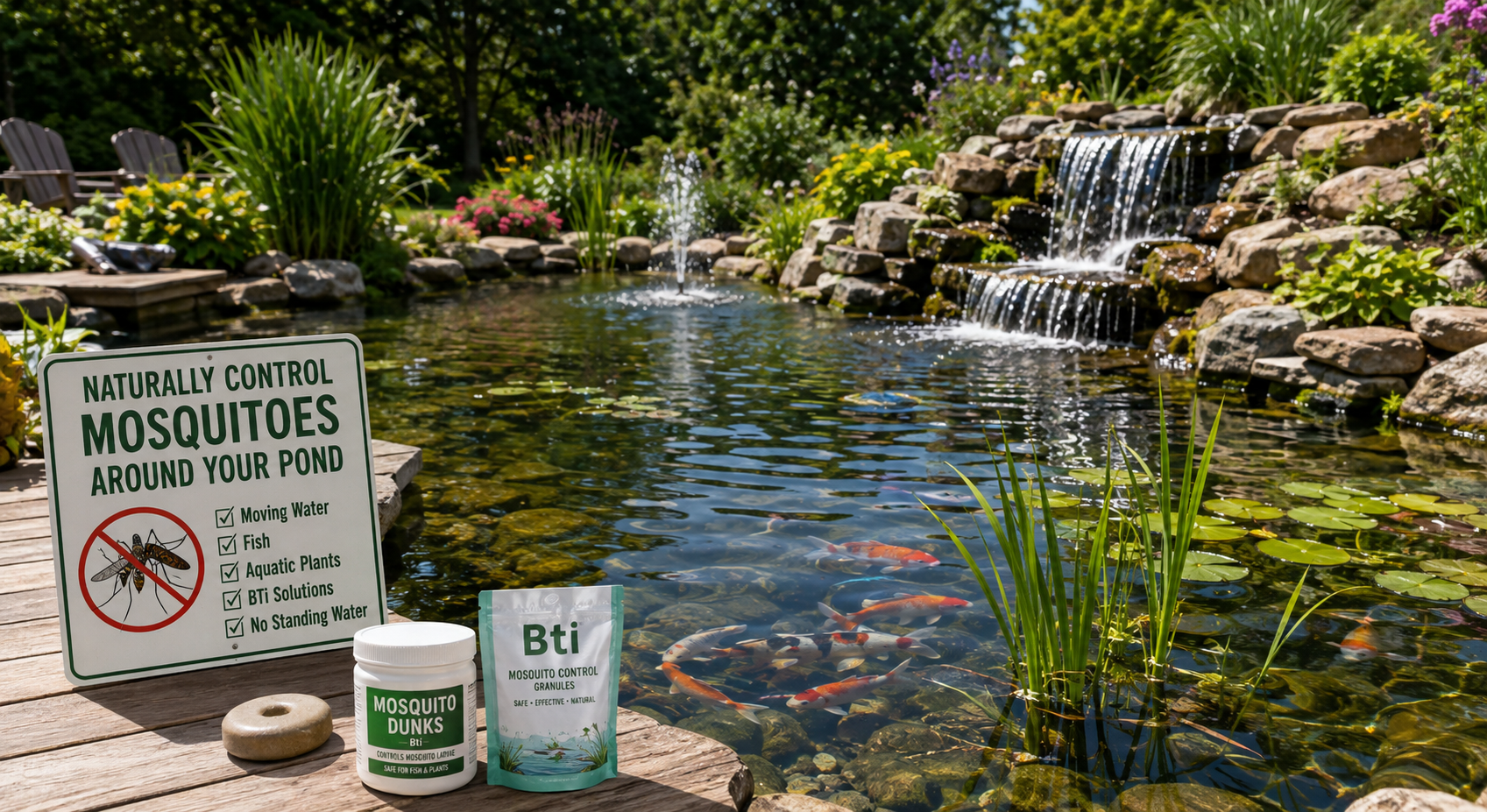 Natural mosquito control around a backyard pond with moving water.