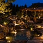 Backyard pond and cascading water feature illuminated for evening outdoor entertaining
