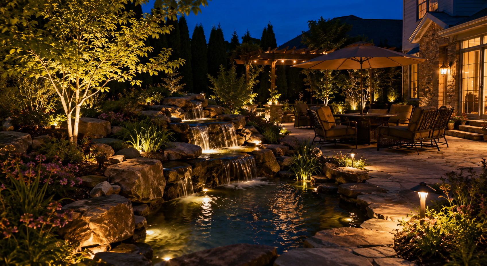 Backyard pond and cascading water feature illuminated for evening outdoor entertaining