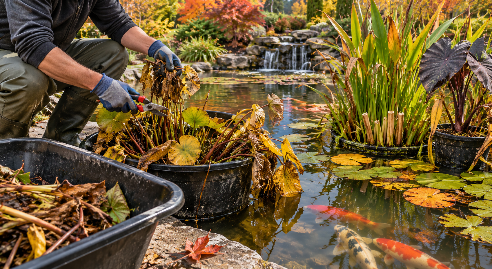 Fall pond plant cleanup with trimming of water lilies and aquatic plants before winter