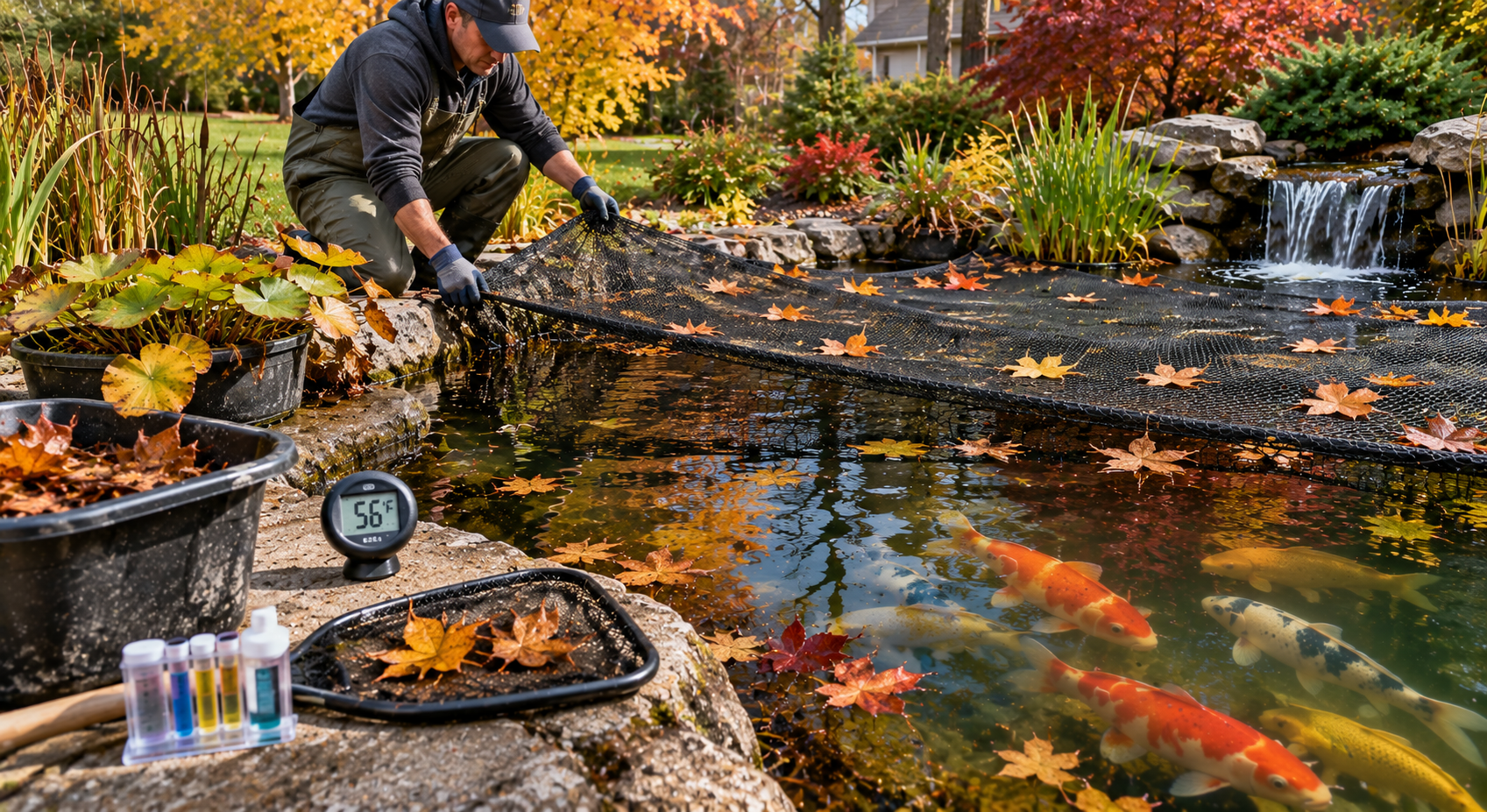 Fall backyard pond preparation with koi, pond netting, aquatic plants, and water testing