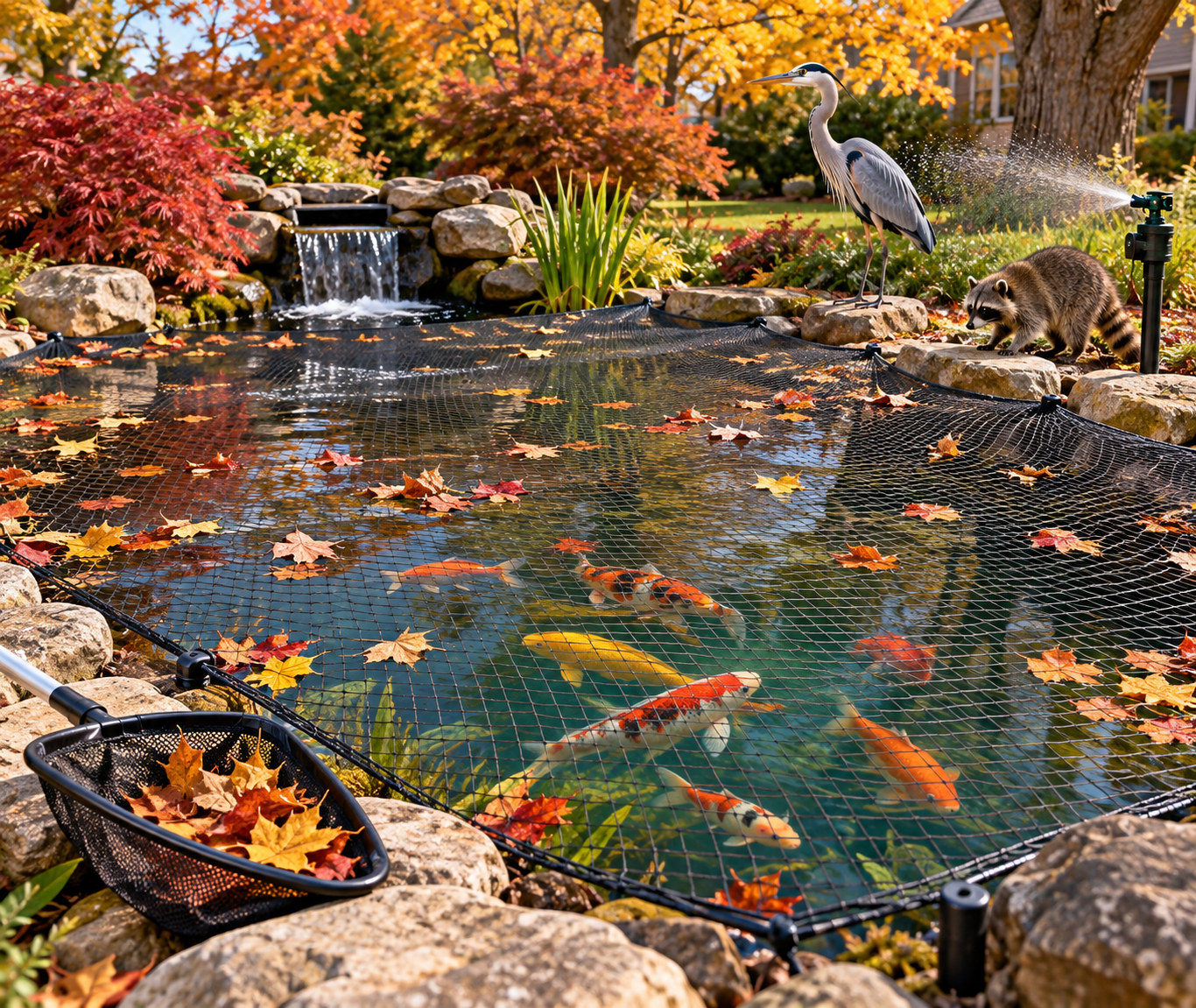 Autumn backyard koi pond protected with pond netting from leaves, debris, and wildlife