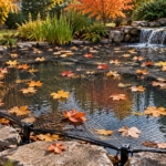 Backyard pond protected with a leaf net from falling leaves and autumn debris